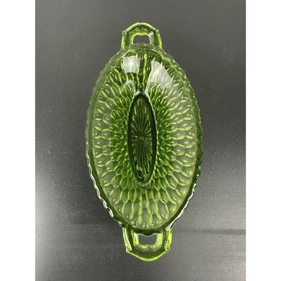 Vintage 1960s Indiana Glass Green Honeycomb Relish/Pickle Handled Dish 8.25" - Picture 4 of 6